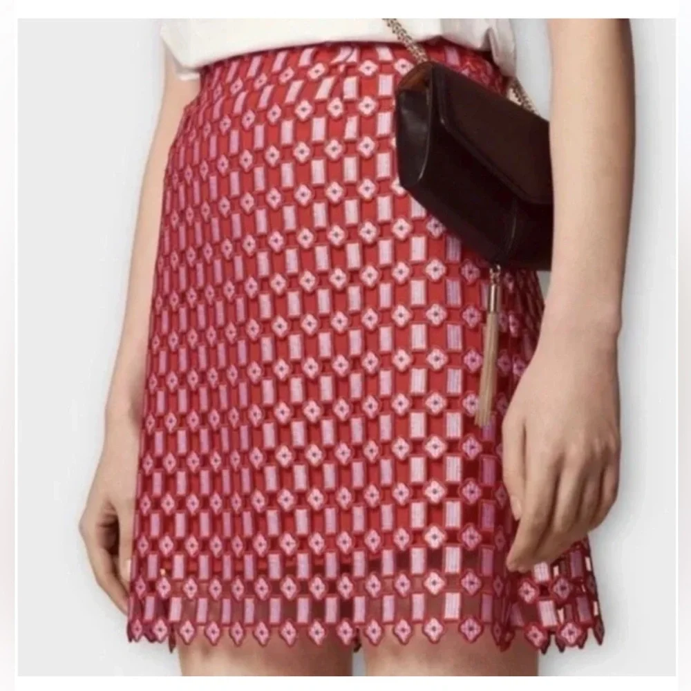 Sandro Paris Red Embroidered Lace Mini Skirt Size 0 EU 34 Luxury Statement - Picture 11 of 13